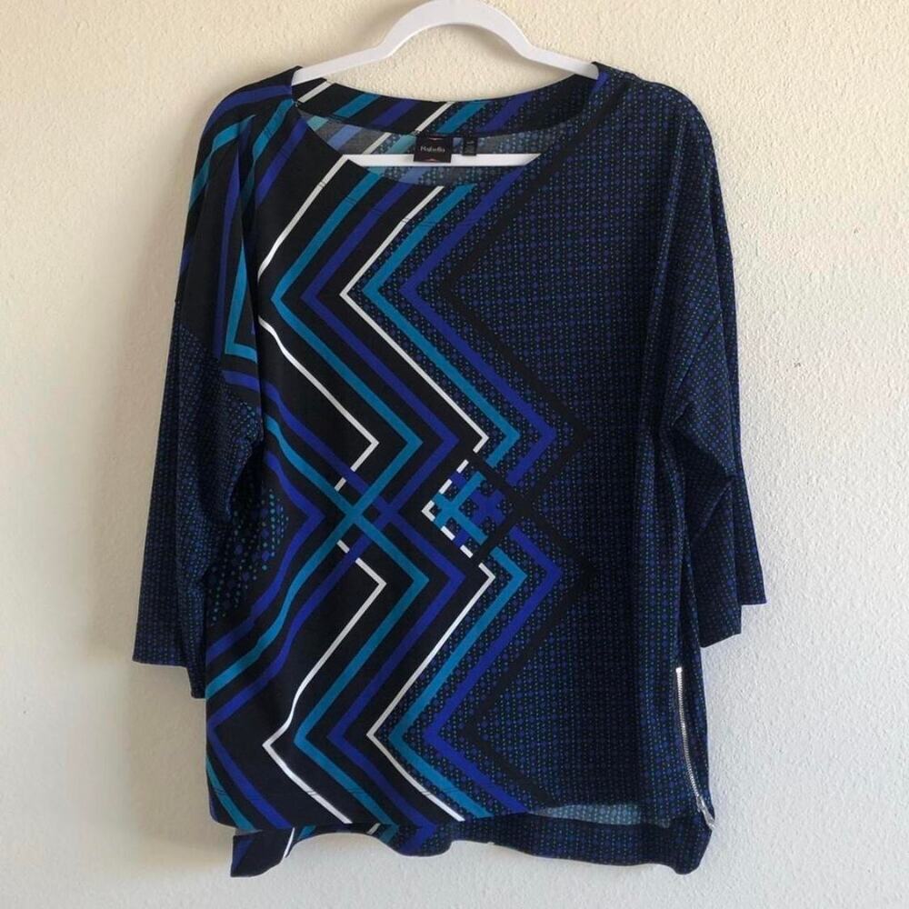 Rafaella Size Large Blue Geometric Zig Zag Print Blouse 3/4 Sleeve Zipper Detail